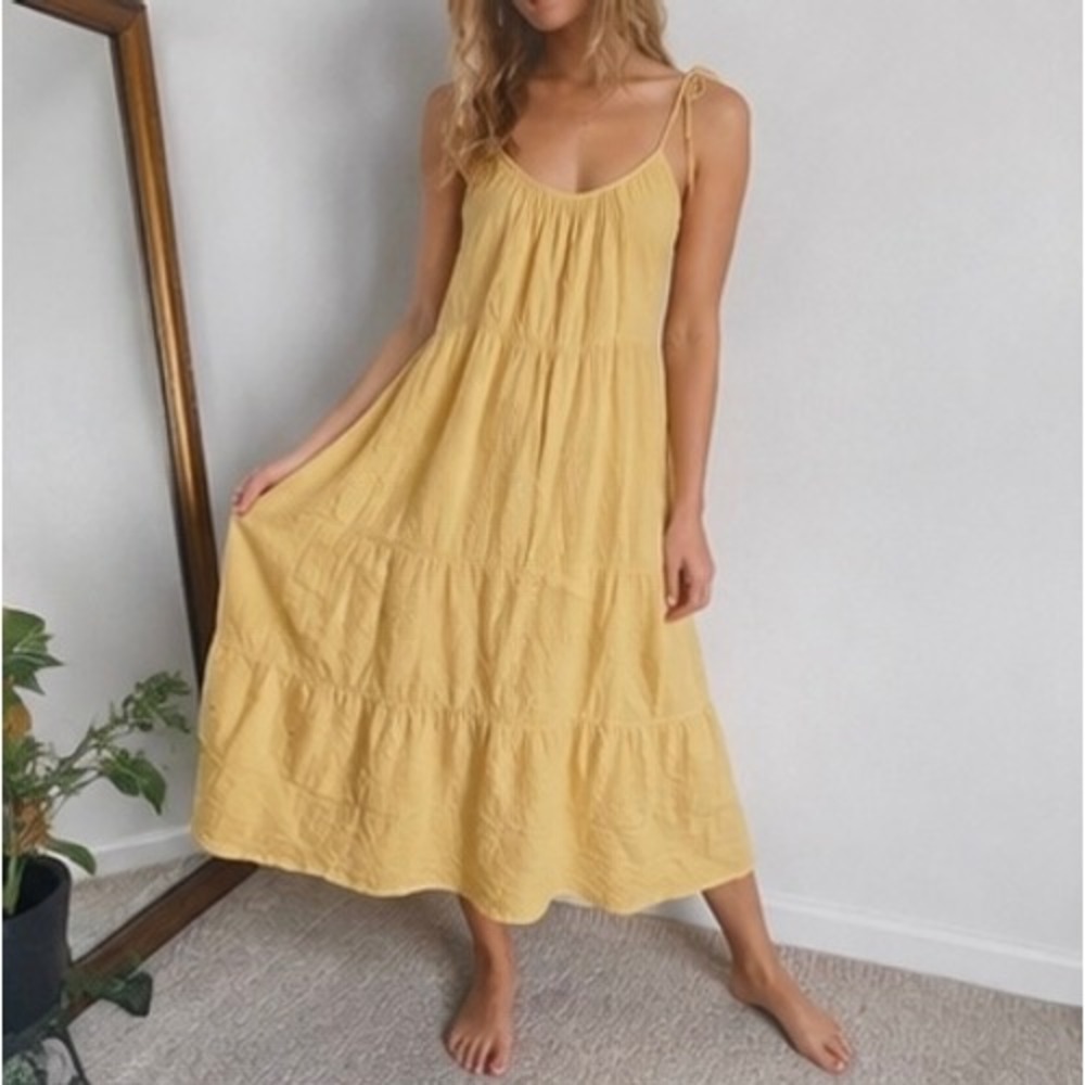 Very J Womens Yellow Gauze Tiered Midi Dress Tie Shoulder Strap Summer Large